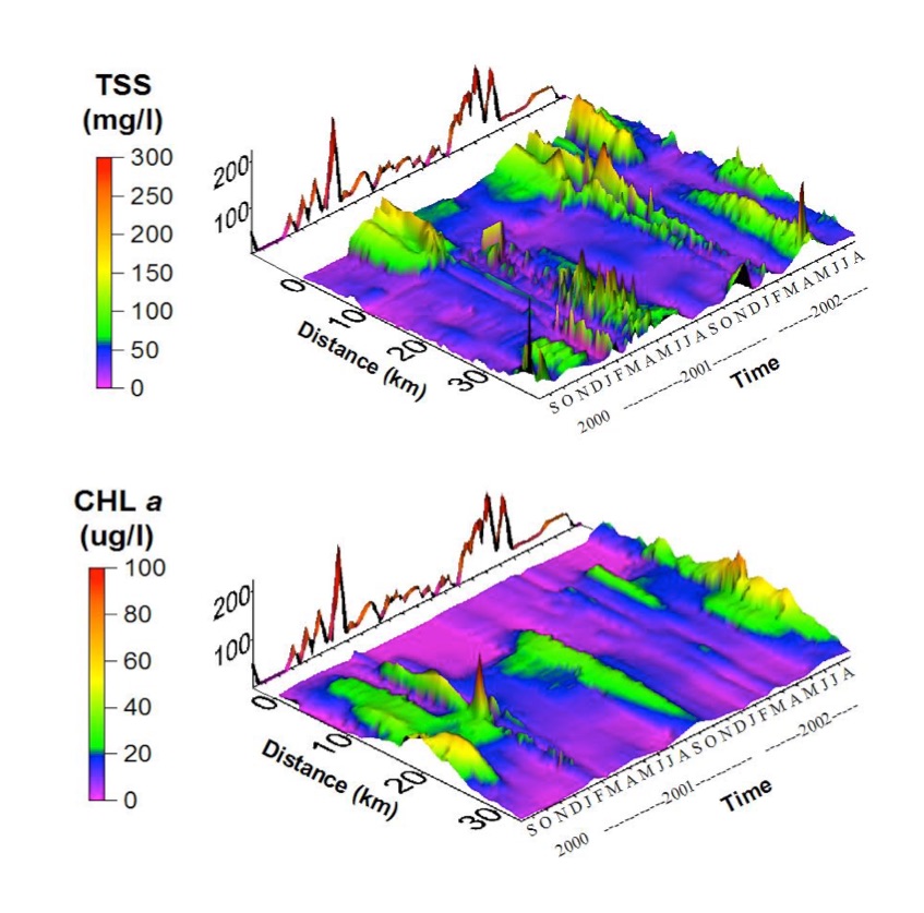 Spatial-temporal graphs of total suspended sediment (TSS) and chlorophyll a (CHL a) in the Breton Sound estuary. Time is shown on the x-axis and distance from the Caernarvon structure on the y-axis. Discharge from the Caernarvon diversion is indicated by the red line superimposed on the x-axis.  